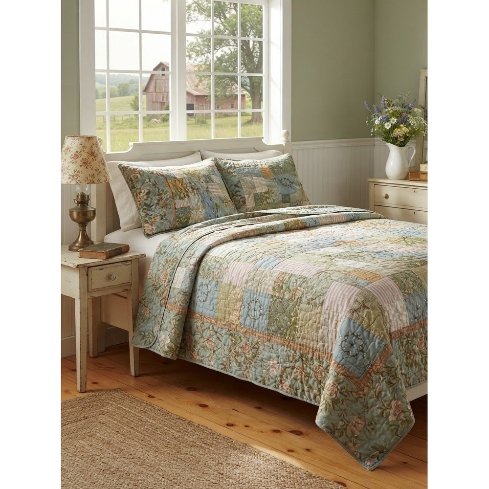 Vntg C & F Enterprises Floral Patchwork Quilt Set 3pc Blue Green Rose Embroidery